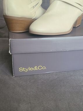 Style & Co. Cream Ankle Booties with Stacked Wood-Look Heel